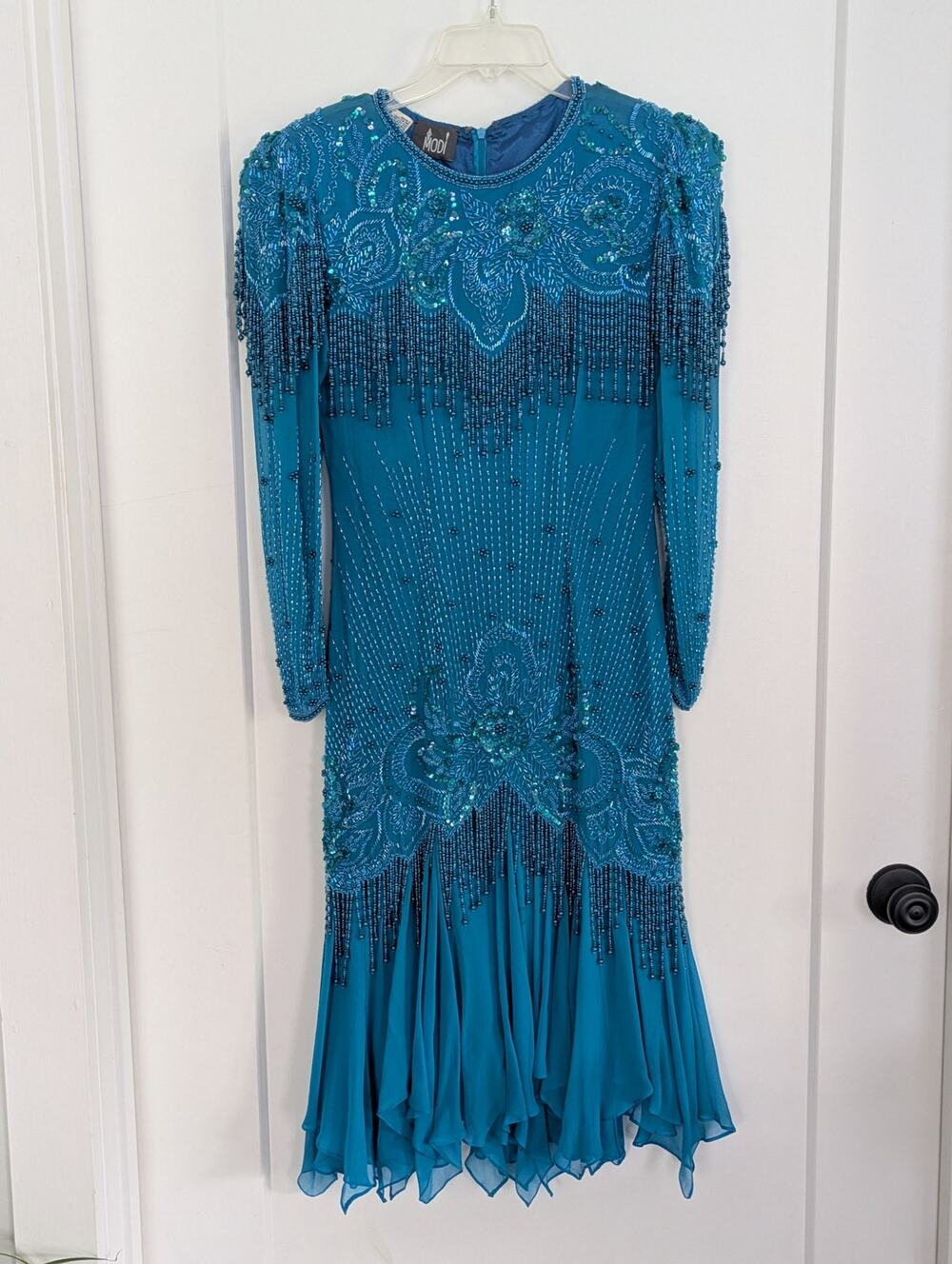 Vtg MODI 100% Silk Hand Beaded & Sequined Fringe Cocktail Dress Sz 8